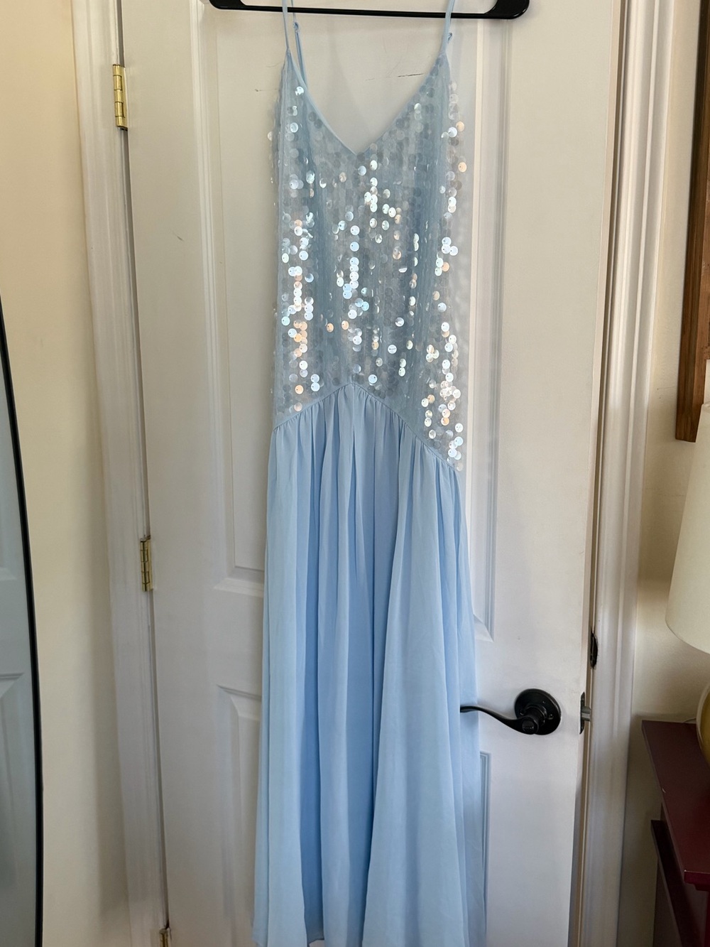 Light Blue Sequin V-Neck Spaghetti Strap Dress